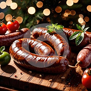 Sausage, stuffed meat grilled meat product in casing photo