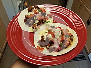 Sausage and tomato and cheese tacos with onion on red plate
