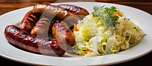 Sausages and cabbage on a white plate, a delicious meat and leaf vegetable dish