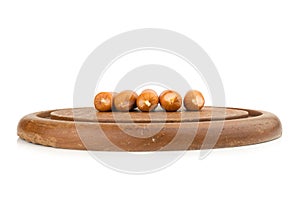 sausages on chopping board on isolated on white background