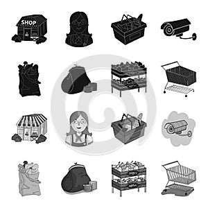 Sausages, fruit, cart .Supermarket set collection icons in black,monochrome style vector symbol stock illustration web.