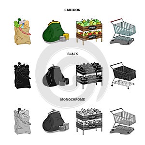 Sausages, fruit, cart .Supermarket set collection icons in cartoon,black,monochrome style vector symbol stock