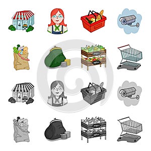 Sausages, fruit, cart .Supermarket set collection icons in cartoon,monochrome style vector symbol stock illustration web