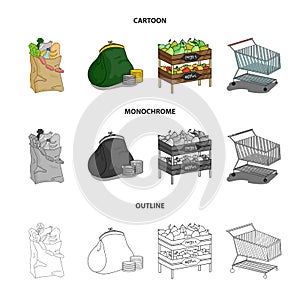 Sausages, fruit, cart .Supermarket set collection icons in cartoon,outline,monochrome style vector symbol stock