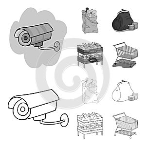Sausages, fruit, cart .Supermarket set collection icons in outline,monochrome style vector symbol stock illustration web