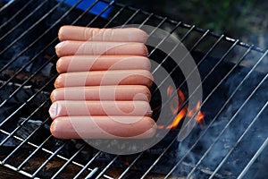 Sausages on the grill fire grate barbecue