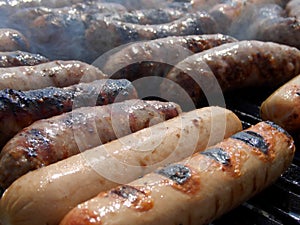 Sausages on grill, horizontal