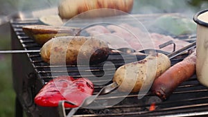 Sausages on the grill, skewers, smoked, hand takes, smoke, flames barbecue, picnic, nature
