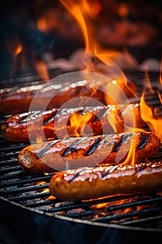 Sausages grilling on barbecue. Bratwursts over the hot coals and fire. Generative Ai