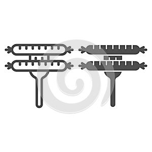 Sausages line and solid icon. Two Sausages on a fork illustration isolated on white. Two fried sausages outline style