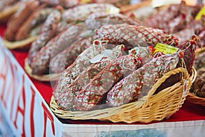 Sausages on Mediterranean farmer market in Provence, France