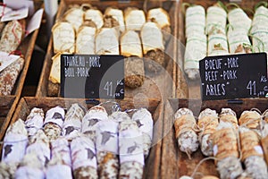 Sausages on Mediterranean farmer market in Provence, France