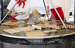 Sausages, nipples on the grill, lavash