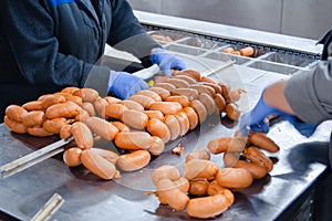 Sausages. Packing line of sausage. Industrial manufacture of sausage products.