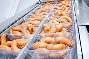 Sausages. Packing line of sausage. Industrial manufacture of sausage products.