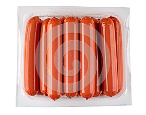 Sausages in polyethylene shell in pack isolated on white background. Top view