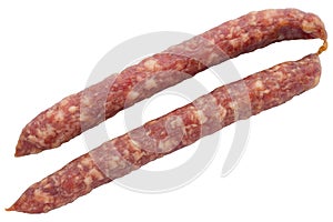 Sausages or salami. Pork or beef Kabanos sausage. Meat stick of Cabanos or Cabanossi Thin Dry Smoked Polish or Russian Sausage