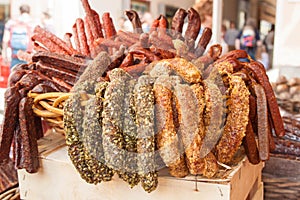 Sausages, salamies and meat for sale on a market on Alter Markt