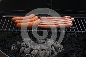 Sausages sizzles on charcoal