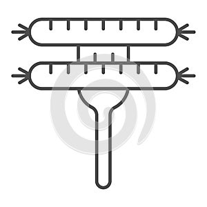 Sausages thin line icon. Two Sausages on a fork illustration isolated on white. Two fried sausages outline style design