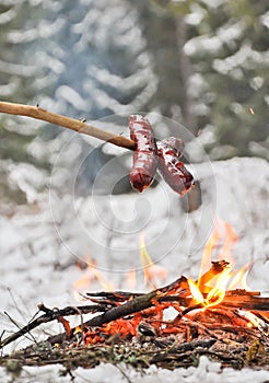 Sausages and winter campfire