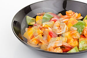 Sauted mixed vegetables and shrimp with tomato sauce