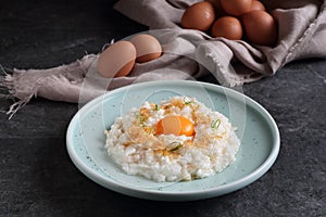 Sauteed Egg White with Conpoy and Fish Meat served dish  on background top view food