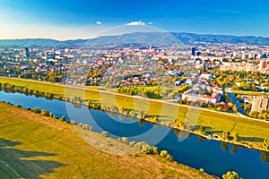 Sava river and Zagreb cityscape aerial view