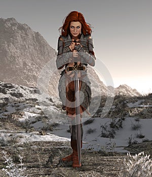 Savage Barbarian Swordswoman Poses Forsaken photo