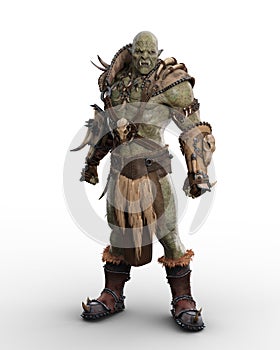 Savage mythical Orc brute standing with aggressive pose and expression in barbarian armour. 3D rendering isolated on white