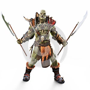 Savage Orc Brute warrior wearing traditional armor ready for battle. Fantasy themed character on an isolated white background.