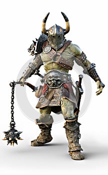 Savage Orc Brute wearing traditional armor and equipped with a flail  . Fantasy themed character on an white background.