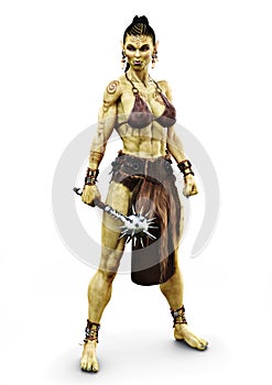 Savage Orc female holding a flail. Fantasy themed character on an isolated white background.