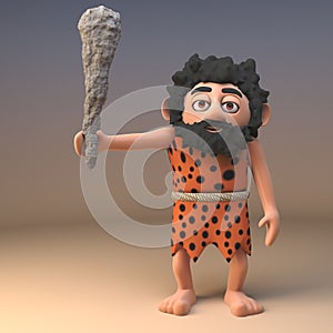 Savage stone age caveman in animal pelt waves his neolithic club in anger, 3d illustration