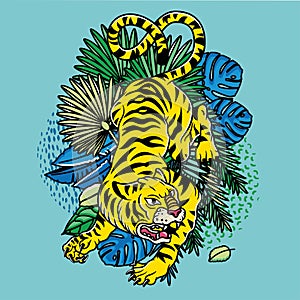 Savage Tiger. Vector illustration of tiger with tropical leaves.