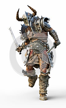 Savage warrior running into battle wearing traditional armor and equipped with a sword photo