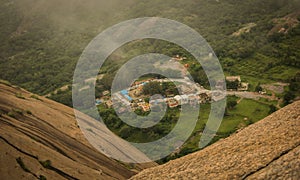 Savanadurga Hill station,Ariel view of temple between the two mountains.