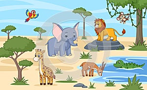 Savanna animals drink and rest. Animal africa cartoon landscape, wild exotic forest panorama. Cute elephant, parrot bird