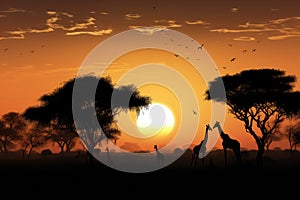 Savanna at Dusk with Silhouetted Giraffes and Zebras in the Foreground