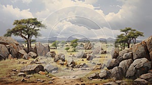 Savanna Landscape With Detailed Rocks And Overcast Sky