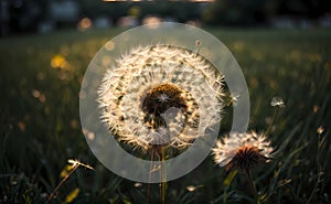 Savanna\'s Sunset Glow: Blooming Dandelions in the Twilight