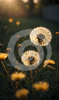 Savanna\'s Sunset Glow: Blooming Dandelions in the Twilight