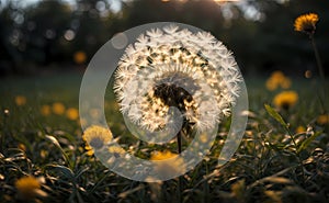 Savanna\'s Sunset Glow: Blooming Dandelions in the Twilight