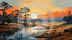 Savanna Sketch: Tranquil River With Pine Trees And Sunset photo