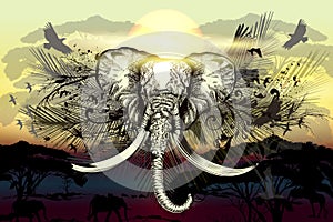 Savanna vector elephant with other silhouettes animals