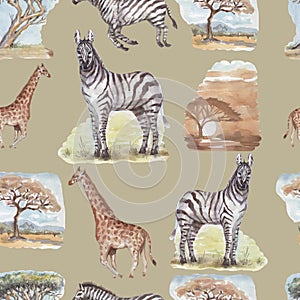 Savannah africa zebra giraffe safari animals watercolor hand drawn illustration