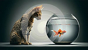 A Savannah cat is intently staring at a goldfish in a fishbowl
