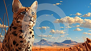 A Savannah cat looking over a vast savannah wallpaper. Generative AI.