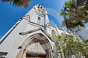 SAVANNAH, GA - APRIL 2, 2018: Cty Church surrounded by trees. The city attracts 5 million tourists annually