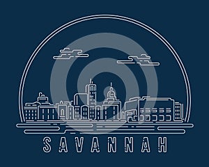 Savannah, Georgia - Cityscape with white abstract line corner curve modern style on dark blue background, building skyline city